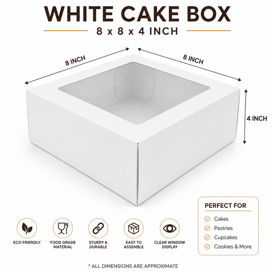 8×8×4 Inch Cake Box with Clear Window – White & Brown Kraft Options
