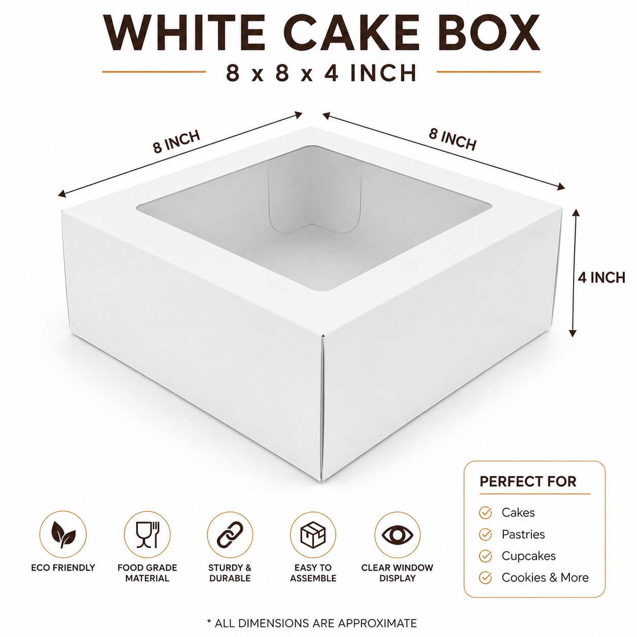 8×8×4 Inch Cake Box with Clear Window – White & Brown Kraft Options