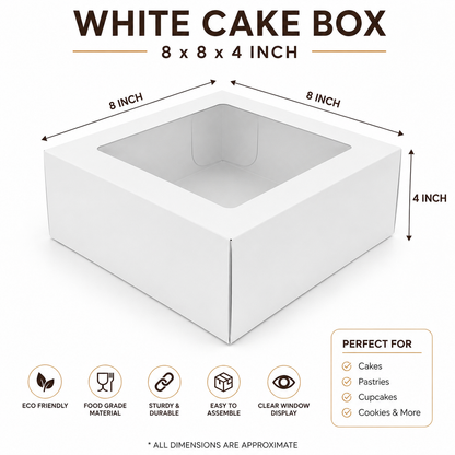 8×8×4 Inch Cake Box with Clear Window – White & Brown Kraft Options