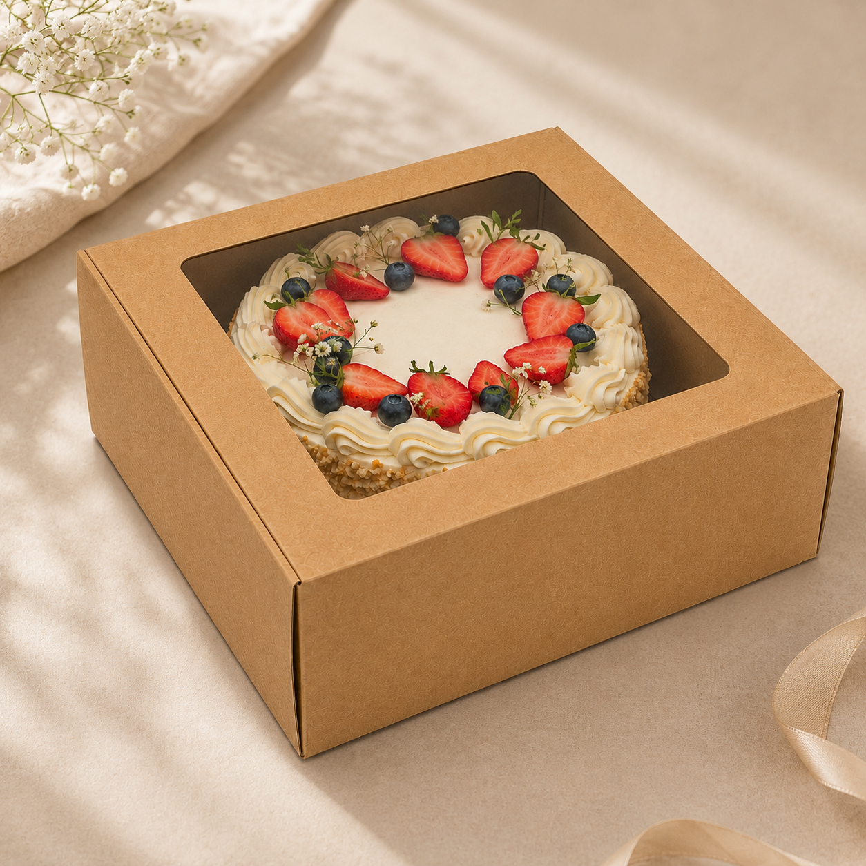 8×8×4 Inch Cake Box with Clear Window – White & Brown Kraft Options