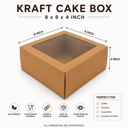 8×8×4 Inch Cake Box with Clear Window – White & Brown Kraft Options