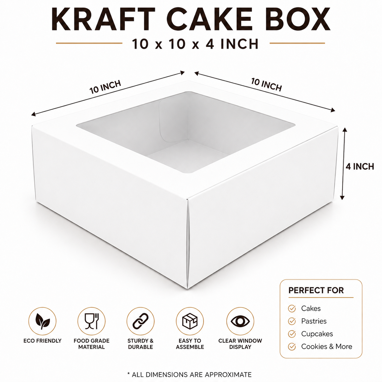 10×10×4 White Kraft Cake Box with Clear Window | The Box Agent