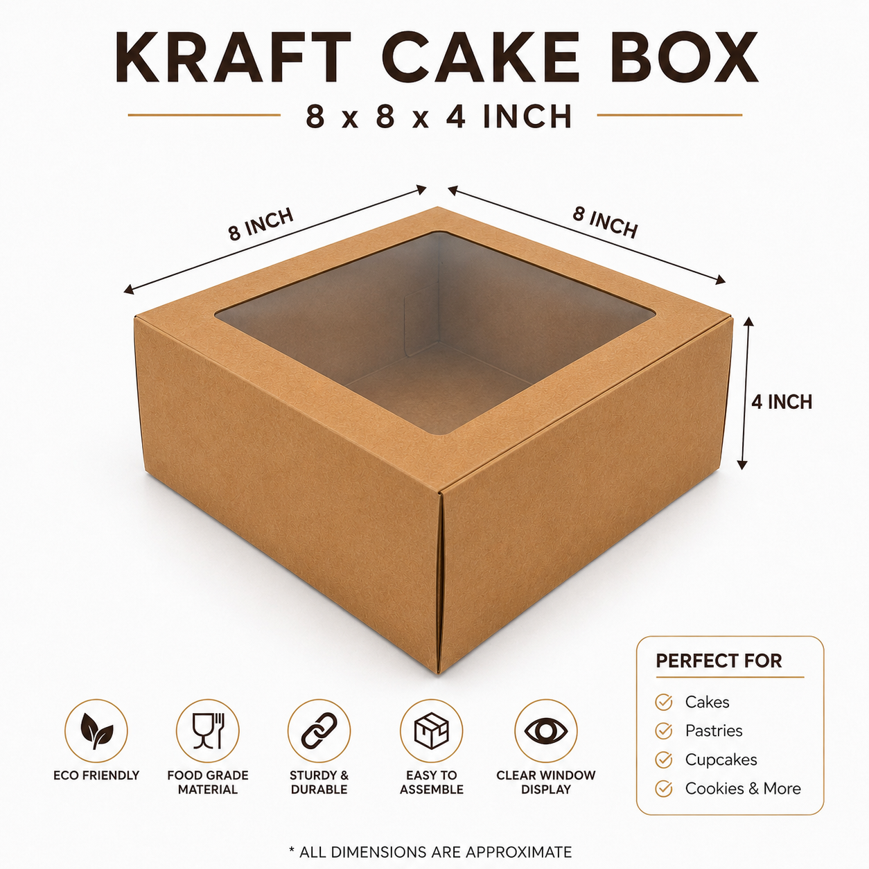 8×8×4 Inch Cake Box with Clear Window – White & Brown Kraft Options