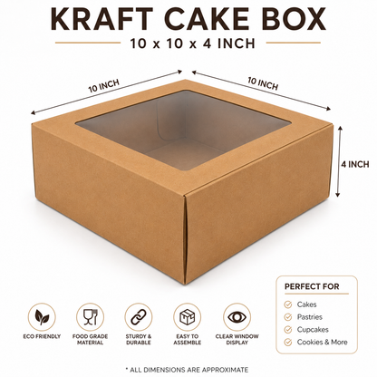 10×10×4 Brown Kraft Cake Box with Clear Window | The Box Agent